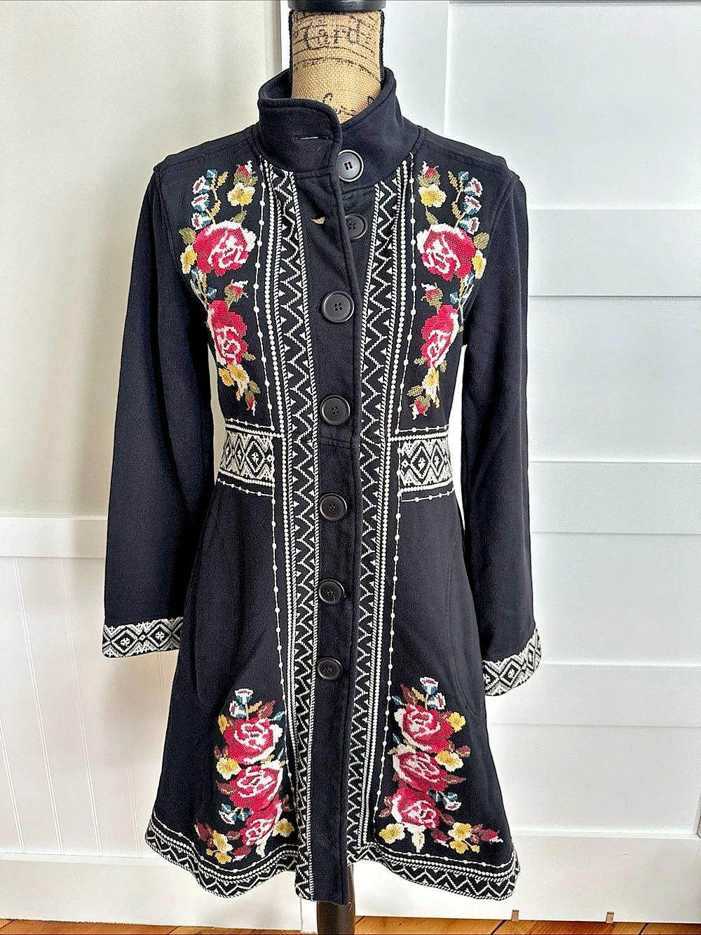 Johnny Was Size S Black Jacket Joy Cross-Stitch Embroidered Cotton Military Coat